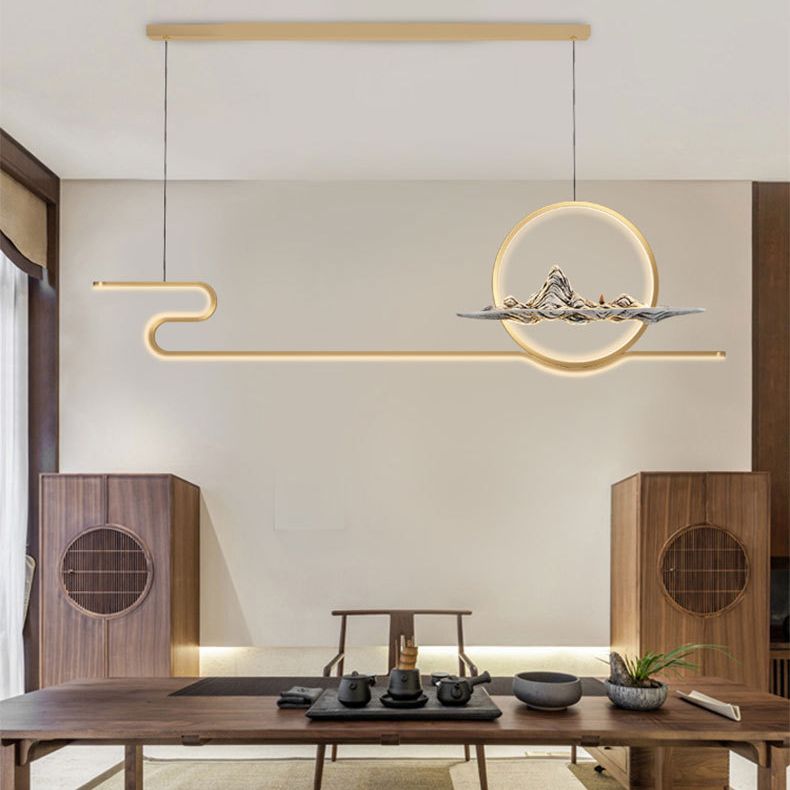 Chinese Minimalist Style Linear Island Pendant Lighting LED Metal Island Ceiling Light for Living Room