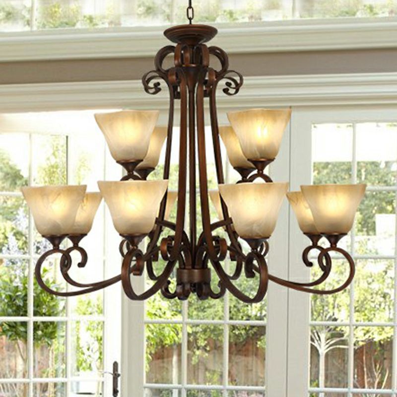 Traditional Bell Ceiling Lighting Opal Glass Chandelier Light Fixture with Scroll Arm in Copper