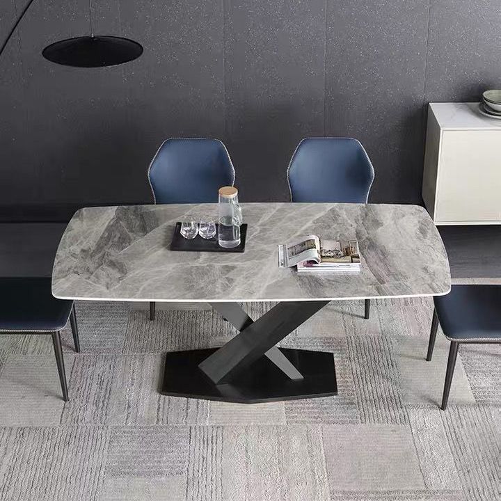 Mesa de comedor de lujo tradicional rectángulo Mesa de piedra sinterizada gris con base de pedestal de metal negro