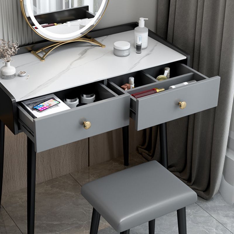 Contemporary Stone Vanity, Storage Drawer With Stool, Black/White
