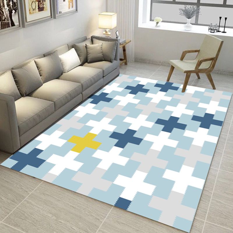 Unique Geometric Print Rug Blue and White Modern Rug Polyester Washable Area Rug for Bedroom