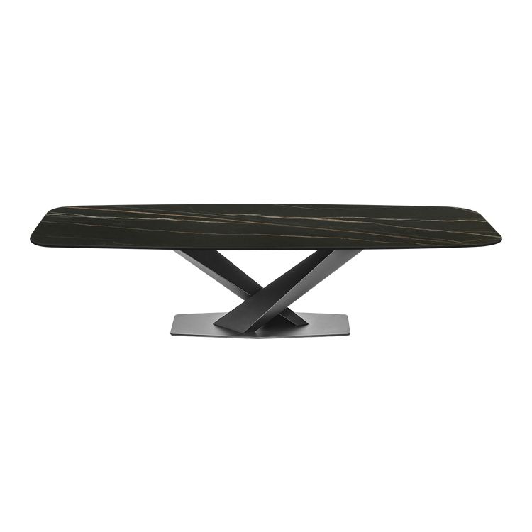 Sintered Stone Rectangle Dining Table Industrial Black Kitchen Table with Pedestal Base