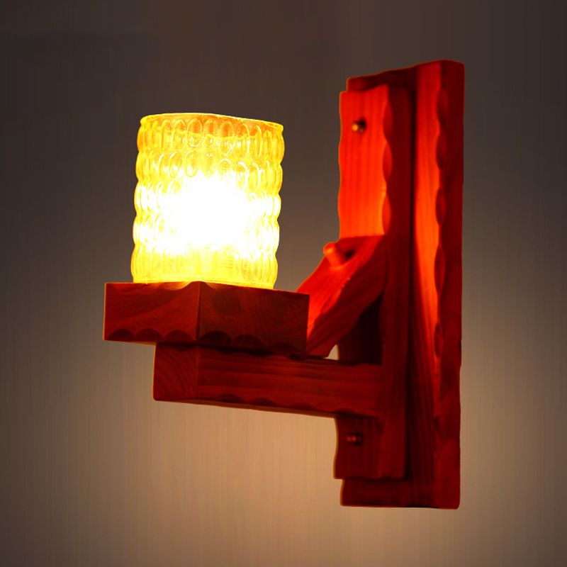 Red Brown Cylinder Wall Mount Lamp Traditional Dimple Glass 1/2-Light Bedroom Sconce Light Fixture with Wood Arm