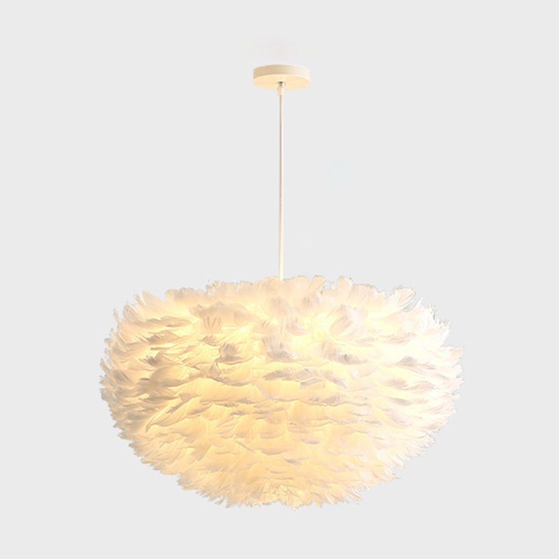 Feather White Hanging Lamp in Modern Style Round Shaped Indoor Pendant Light