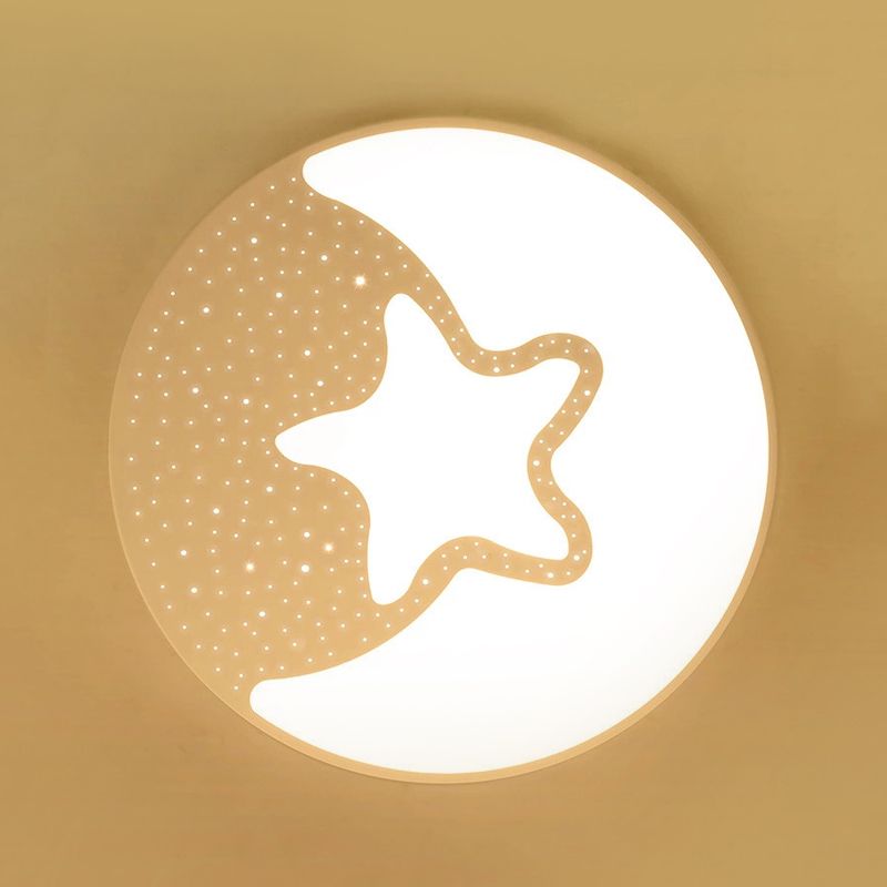Starry Kid Bedroom Flush Ceiling Light with Crescent Metal Lovely LED Ceiling Fixture in White