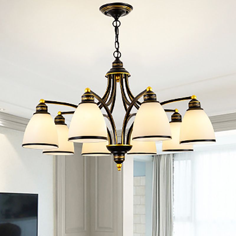 American Style Hanging Chandelier White Glass Shade Chandelier Light Fixture in Black