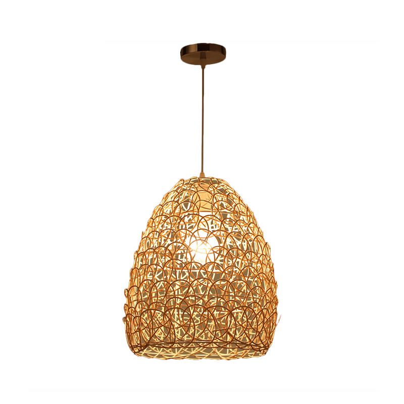 Bamboo Basket/Trumpet Hanging Lamp Contemporary 1 Head Wood Ceiling Pendant Light for Restaurant