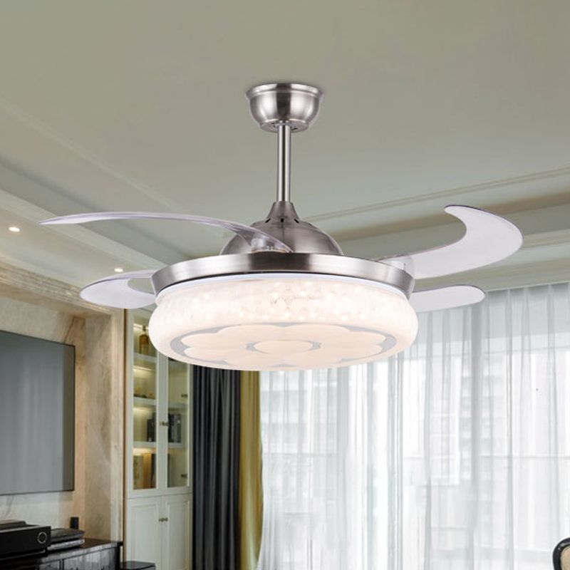36 "/42" W Acryl Bloem Semi Mount Lighting Moderne LED LED RAME Hangende ventilatorlicht in zilver met 4 heldere messen, afstandsbediening/frequentieconversie en afstandsbediening