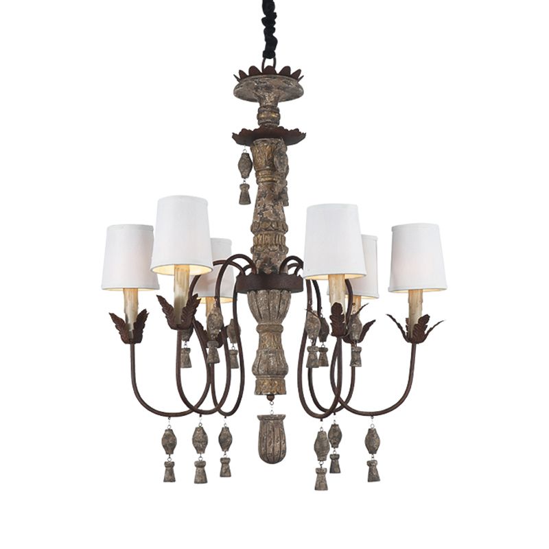 Tapered Fabric Chandelier Lamp Vintage 6 Lights Bedroom Hanging Light Fixture in Black with Wood Drop