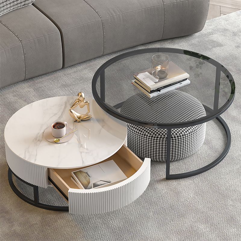 Frame Coffee Table Glass Top Cocktail Table with Storage Drawers