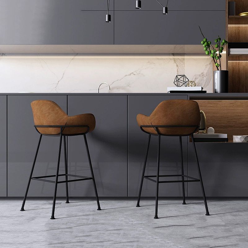 Modern Style Backrest Arm Counter Stool with Metal Base and Leather Cushion