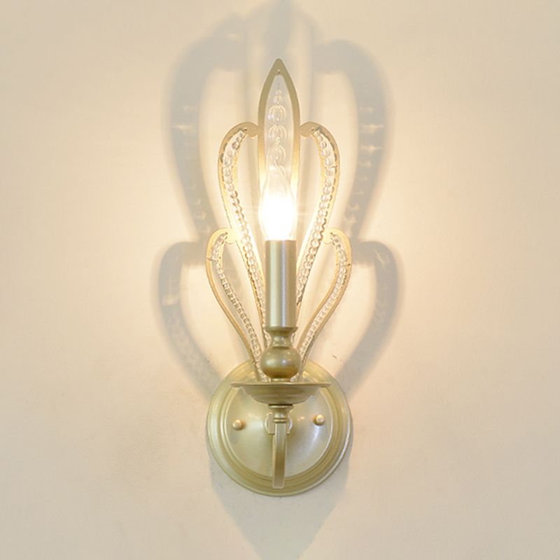 Brass Candle Wall Mount Light Fixture Rural Style Metal 1/2-Head Corridor Wall Sconce with Flower Crystal Accent
