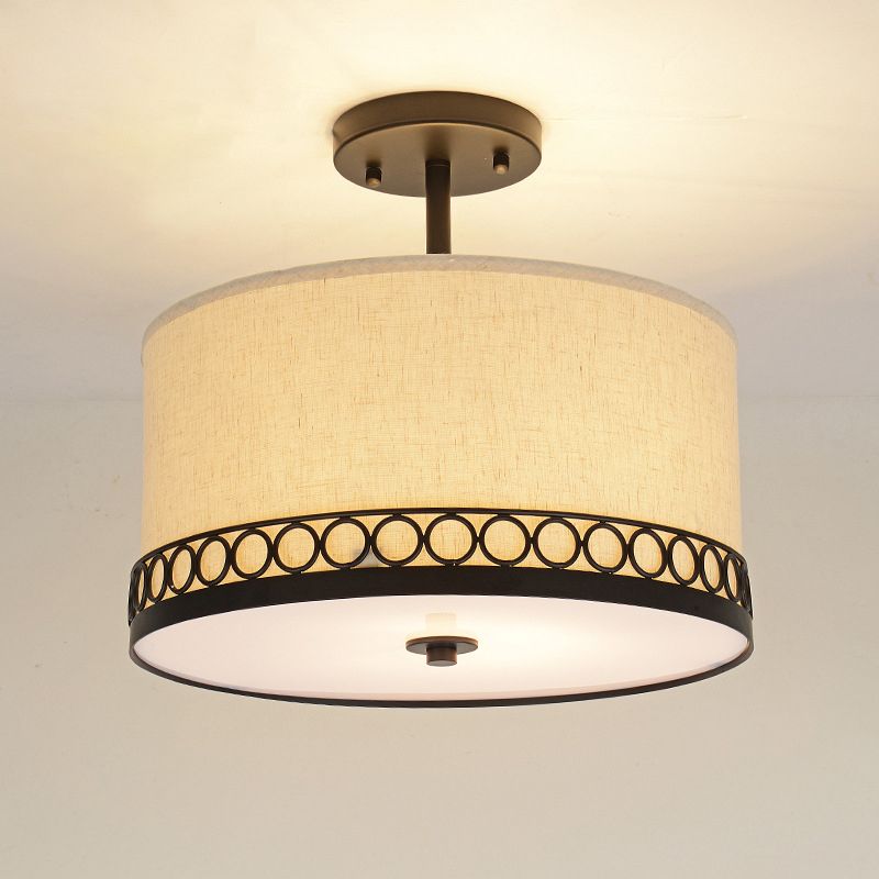 Drum Fabric Semi Mount Lighting Traditional 1 Head Bedroom Ceiling Light Fixture in Black