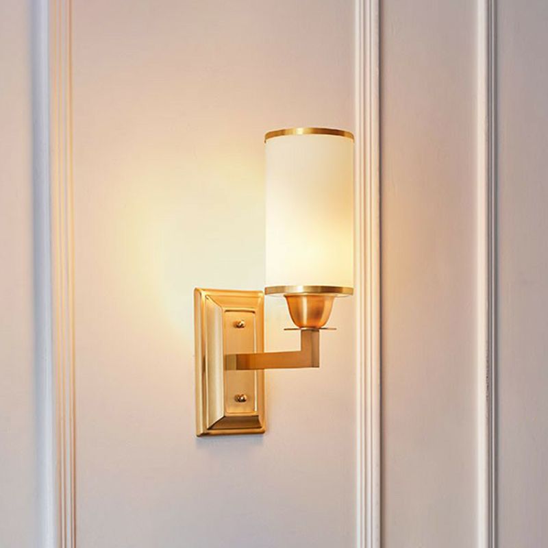 1-Light White Glass Wall Sconce Traditional Brass Cylindrical Dining Room Wall Mount Light