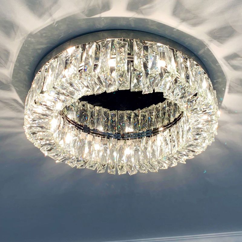 Modern Circular Flush Ceiling Light Fixture Beveled Crystal Living Room Flush-Mount Light