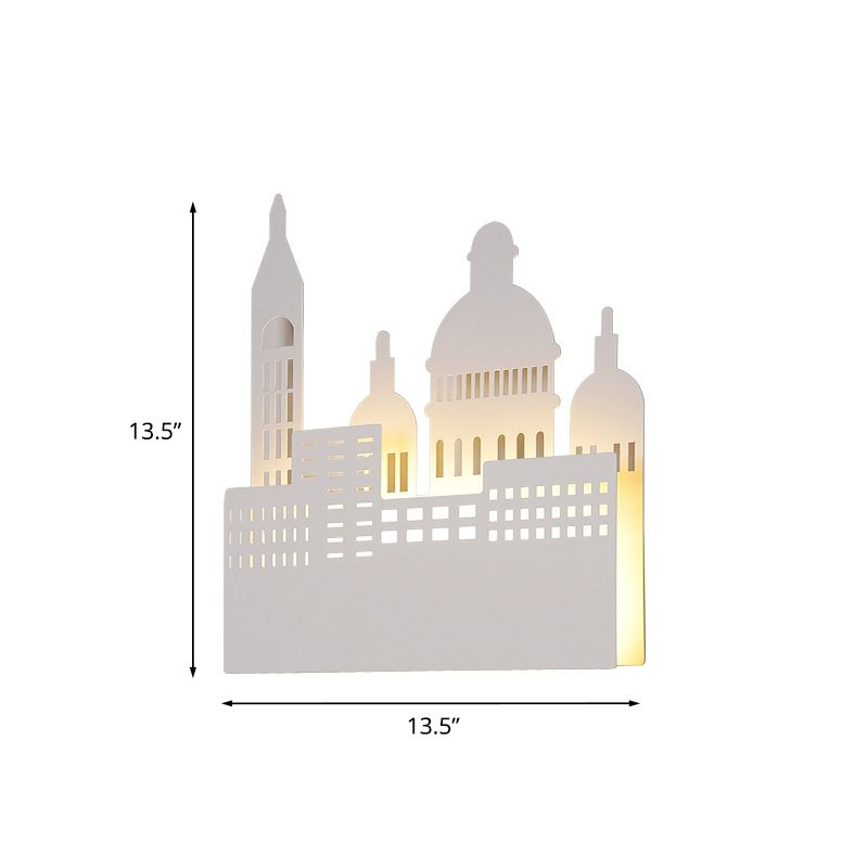 Niños 1 cabezal de pared con sombra de metal Castillo blanco Luz de aplique en luz cálida/blanca