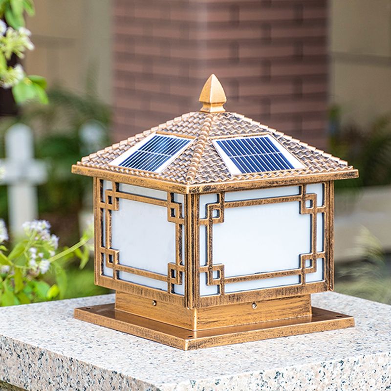 Square Shape Solar Pillar Lamp Contemporary Metal Outdoor Waterproof Light