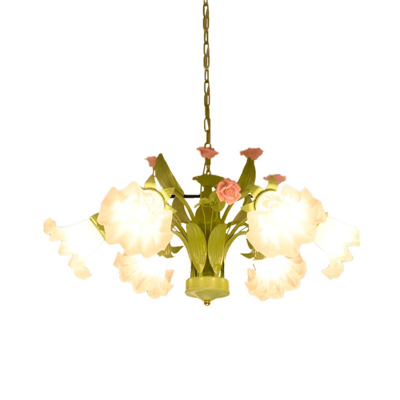 Korean Garden Rose Chandelier Lighting 6/8 Bulbs Cream Glass Pendant Light in Green for Restaurant