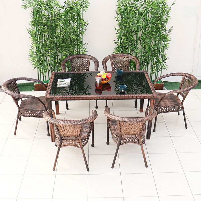 Tropical Brown Armed Chairs with Faux Rattan Open Back in Metel