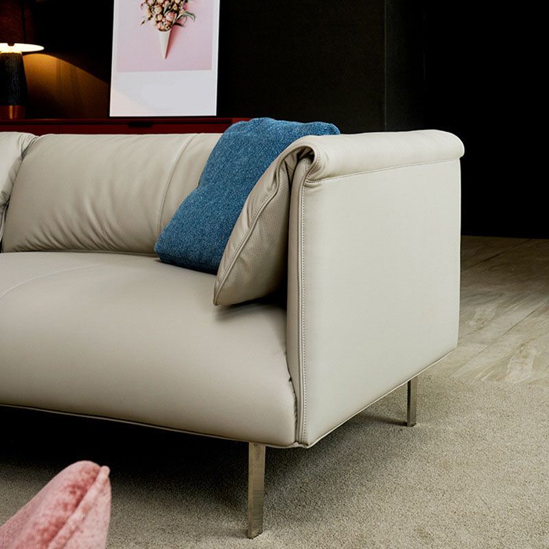 Modernism Leather Sofa in Khaki Tuxedo Arm Sofa with 3 Pillows
