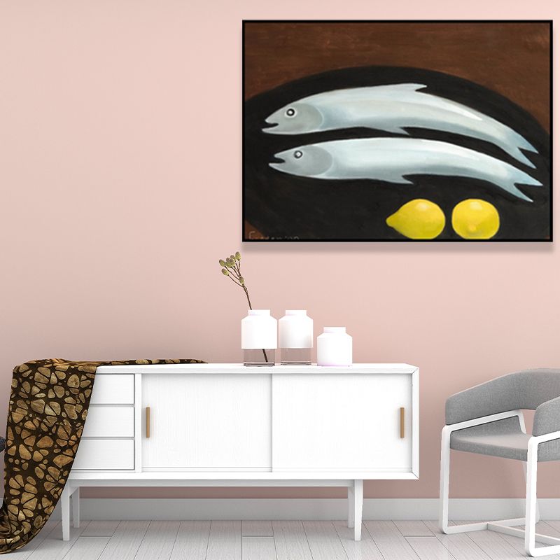 Cartoon Fish and Lemon Canvas Living Room Wall Art Decor in Black, Multiple Size Options