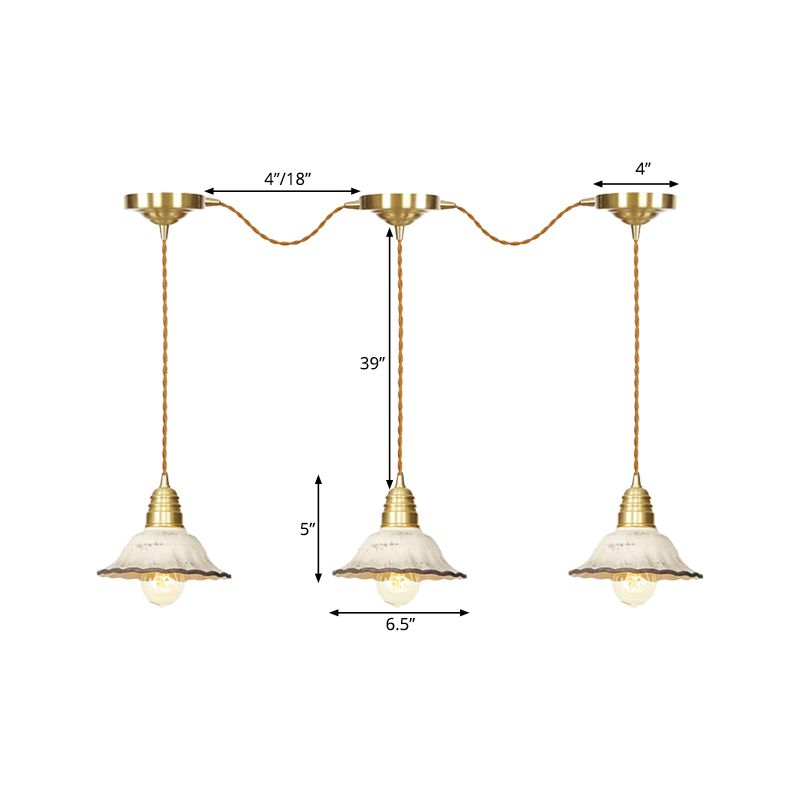 Traditional Scalloped Multiple Hanging Light 3/5/7-Bulb Ceramics Suspension Lamp in Gold with Series Connection Design