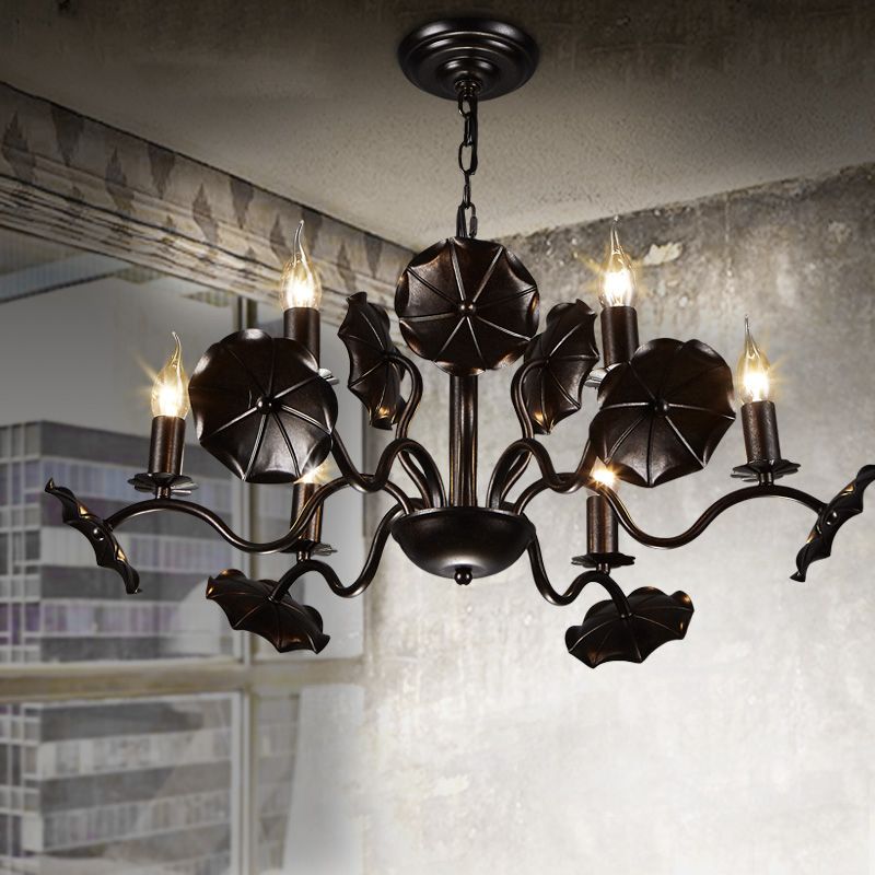 Metal Candle Hanging Chandelier Country 6 Lights Living Room Pendant Light in Rust