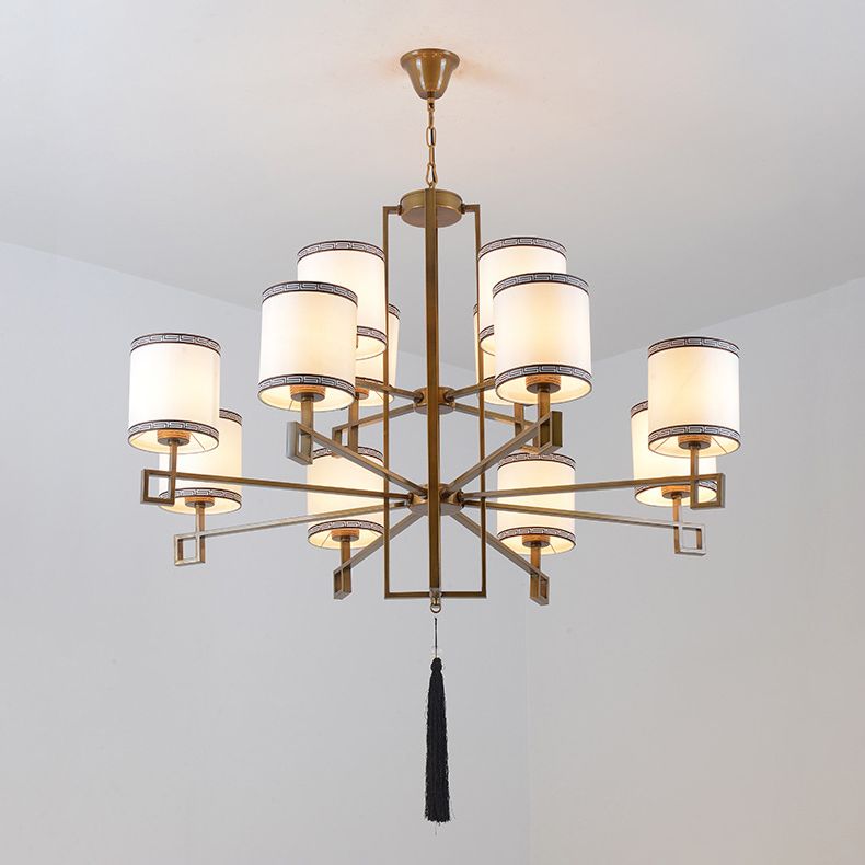 Cylindrical Fabric Suspension Lamp Retro Lobby Living Room Chandelier with Tassel