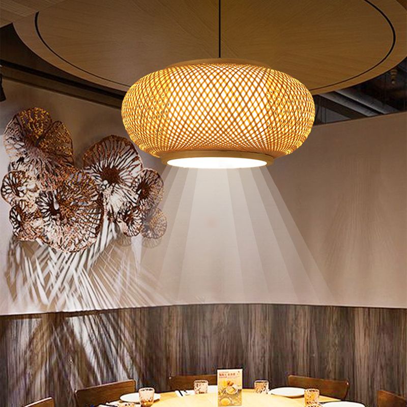 Brauner Drum Anhänger Licht im asiatischen kreativen Stil schmiedeeisere Hanglampe mit Bambuswebschatten