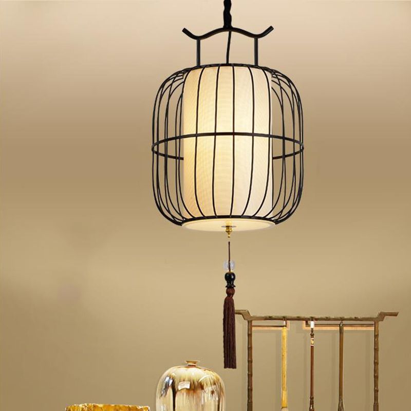 1 Hoofd binnenhangende lamp met cilinder bamboe schaduw Chinese stijl zwart/goudhangend armatuur
