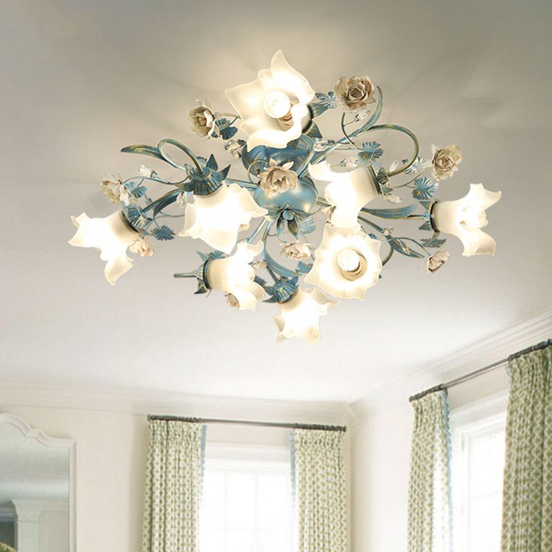 Flower Cream Glass Flush Mount Light Pastoral Style Bedroom Semi Flush Ceiling Light in Blue