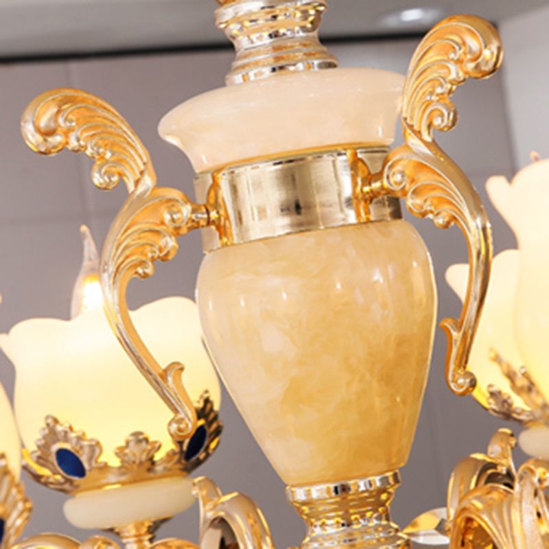 Cream Glass Gold Chandelier Pendant Light Floral Vintage Hanging Light with Hanging Crystal