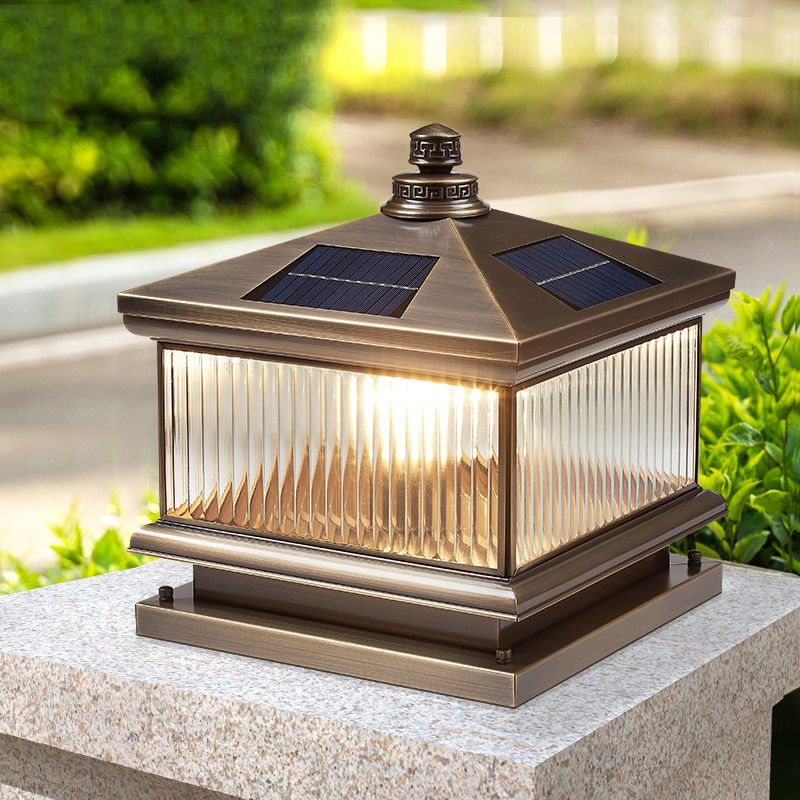 Rectangle Shape Metal Solar Pillar Lamp Modern Outdoor Waterproof Light in Bronze
