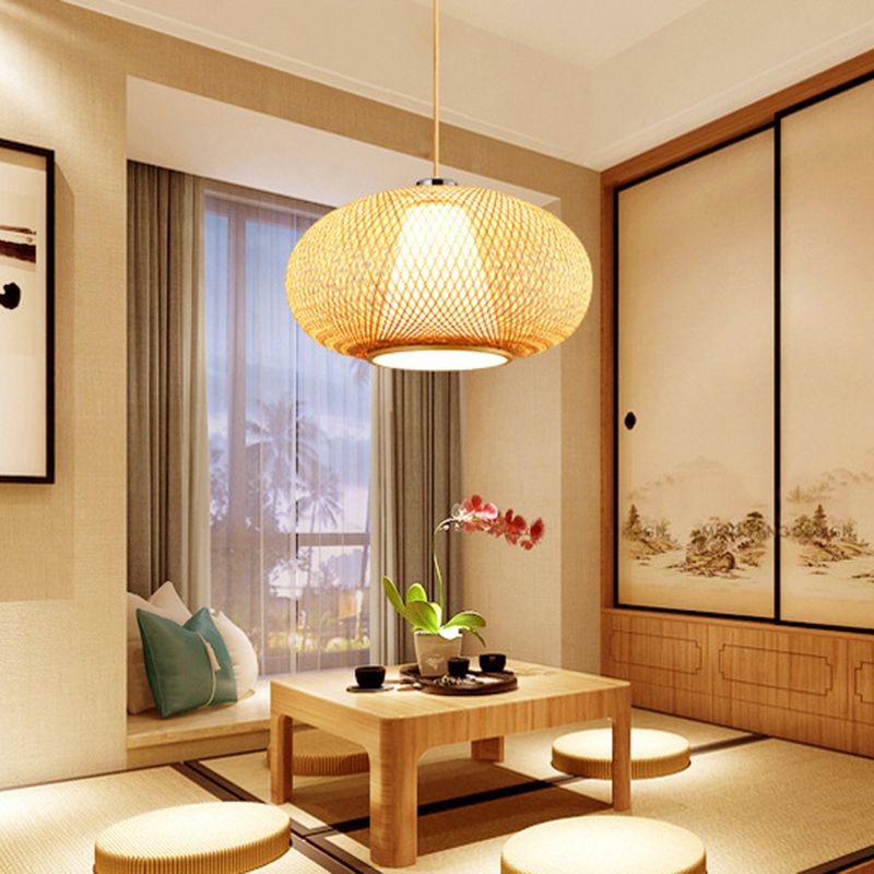 Bamboo Lantern Pendant Lighting Fixture Modern Suspension Pendant Light in Beige