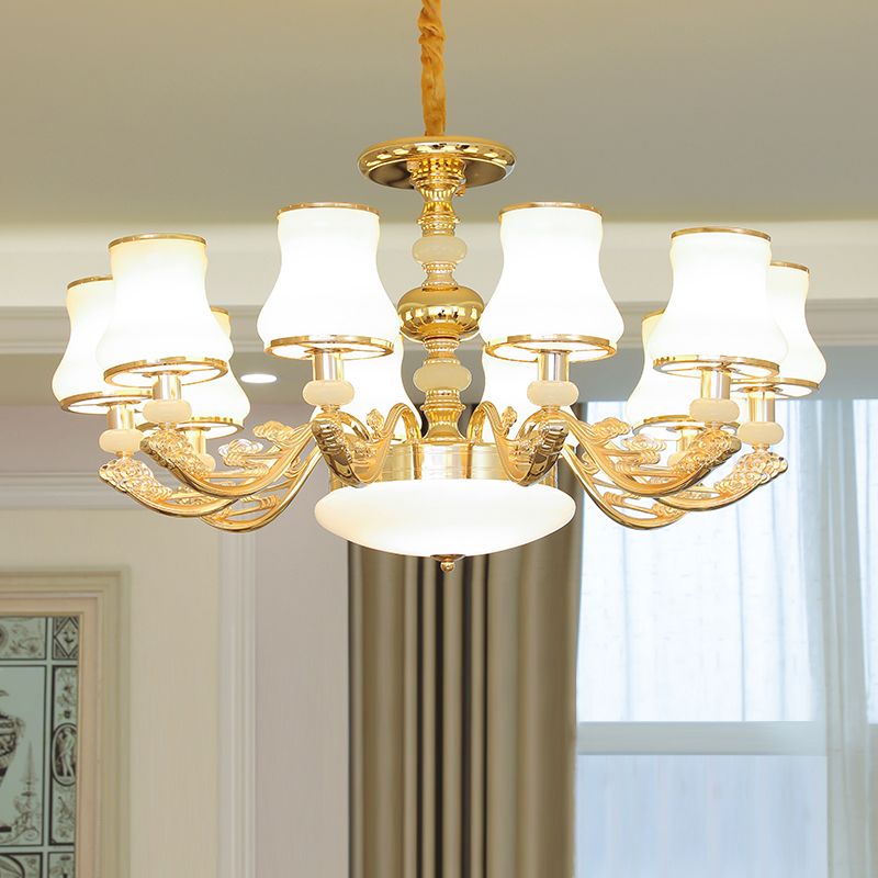 Gold Finish Ceiling Chandelier Transitional White Glass Curve Shade Pendant Lighting