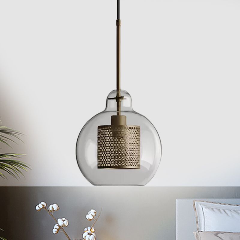 Clear Glass Globe Pendant Colonialism 1 Head Restaurant Down Lighting in Bronze/Silver Gray with Cylinder Metal Mesh, 10"/12" W