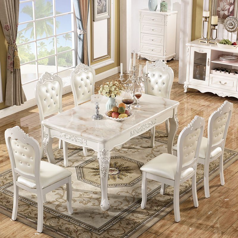 Traditional Luxury Dining Table Rectangle White Dining Table with Wooden Base