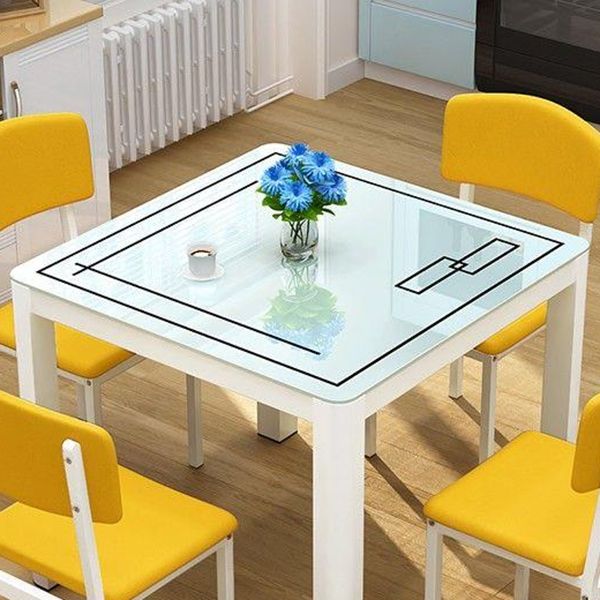 Mesa de comedor cuadrada de estilo industrial, mesa de comedor de vidrio con 4 patas