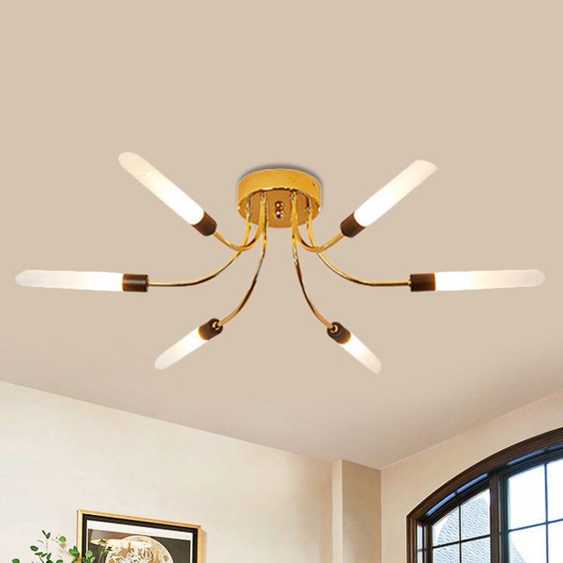 Metall Sputnik Semi Flush Mount Lampe mit weißem Glasrohr Schatten zeitgenössischer 6/8 Lichter LED Gold Semi Flush Deckenleuchte