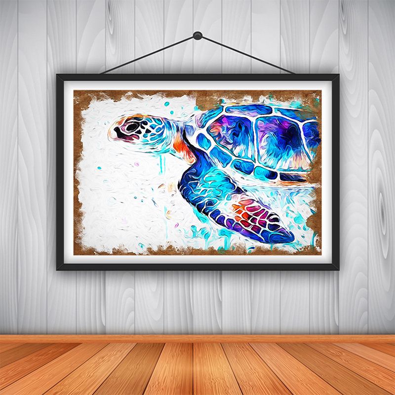 Sea Turtle Painting Art Print Textured Modernist House Interior Wall Decor in Blue