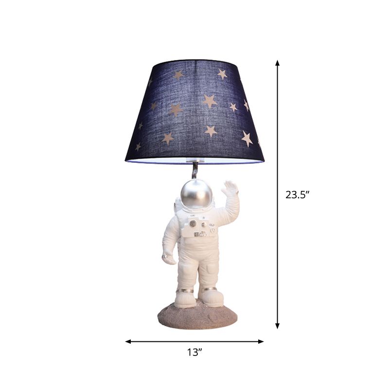 Cartoon Astronaut Table Lighting Resin Single Bedside Nightstand Lamp with Star Patterned Fabric Shade