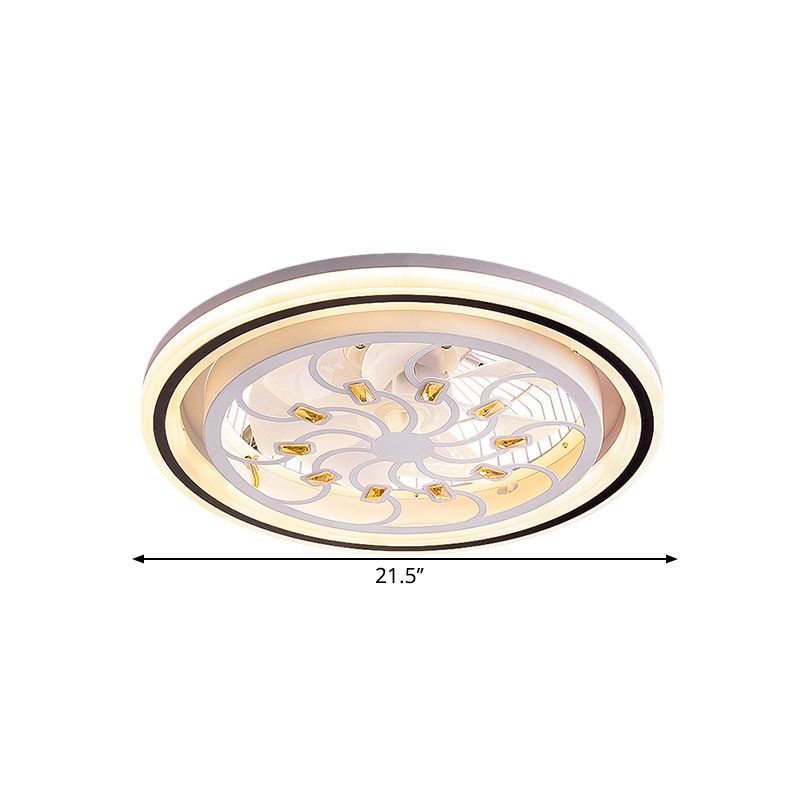 21.5' W LED Crystal Blocks Hanging Fan Lamp Contemporary White Round Dinning Room Semi Flush Light with 7 Blades