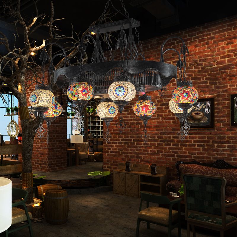 8 Heads Globe Hanging Lighting Bohemia Iron Stained Glass Chandelier Pendant Lamp for Restaurant