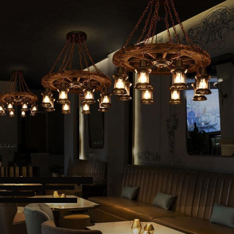 Wood Ceiling Hanging Light Fixture Coastal Black Shaded Restaurant Chandelier Lighting Fixture