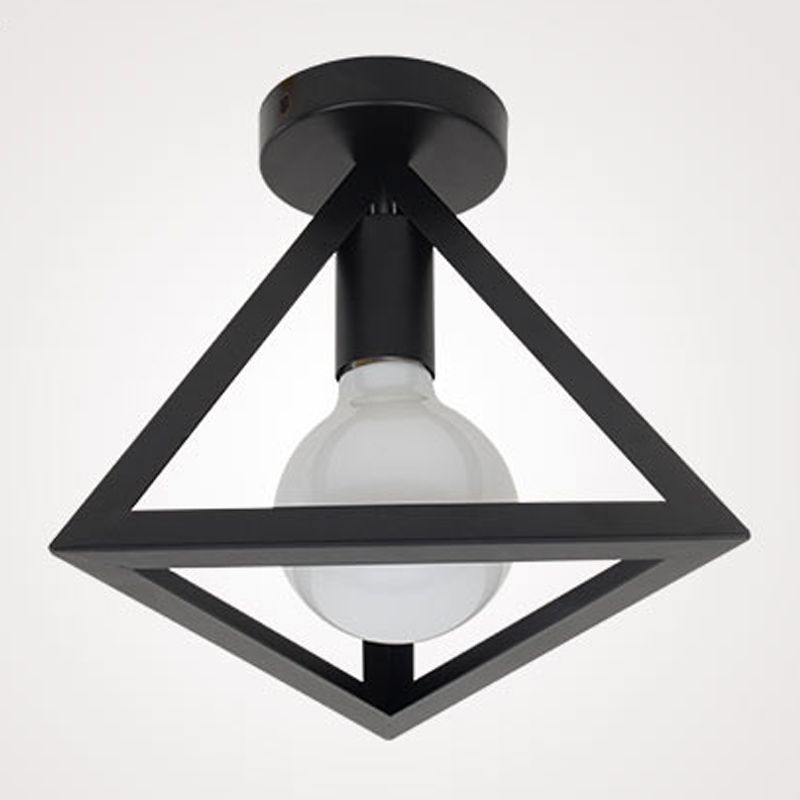 Industrial Flush Light Fixtures Geometric Iron 1 Light Flush Mount Lamps in Black