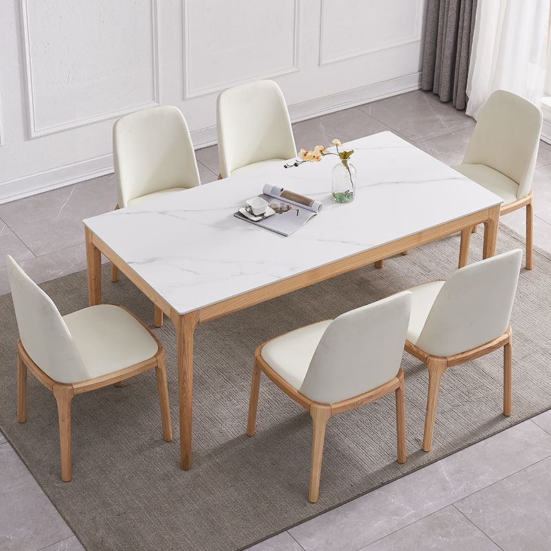 Rectangle Retro Modern Dining Table White Sintered Stone Top 4 Legs Fixed Table
