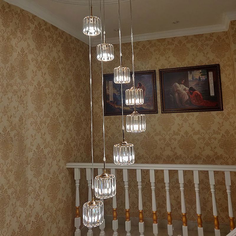 Gold 8 Bulbs Ceiling Light Modernism Crystal Mini Drum Multi Lamp Pendant with Spiral Design