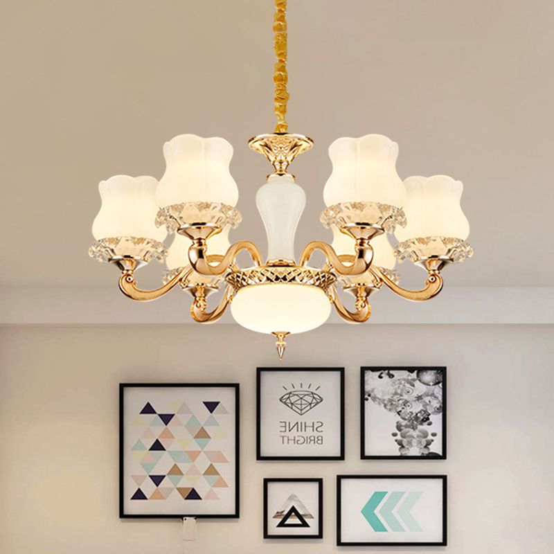 Lámpara de suspensión de flores vintage 6/8 luces luminosos de lámpara de vidrio lechoso con brazo en oro para dormitorio