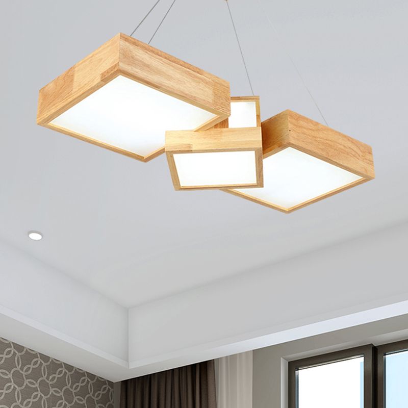 Modern Rhombus/Square LED Chandelier Pendant Wooden 3-Light Bedroom Ceiling Lamp in Warm/White