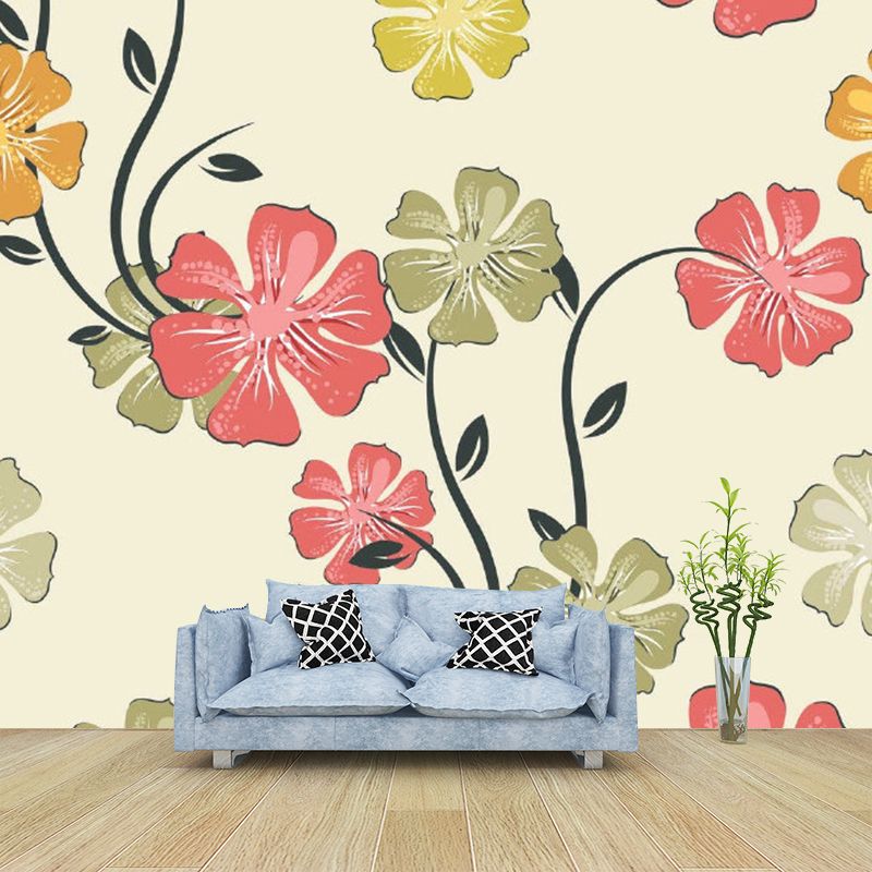 Full Size Flower Print Mural Wallpaper Red-Yellow-Green Non-Woven Wall Art, Washable, Custom Made